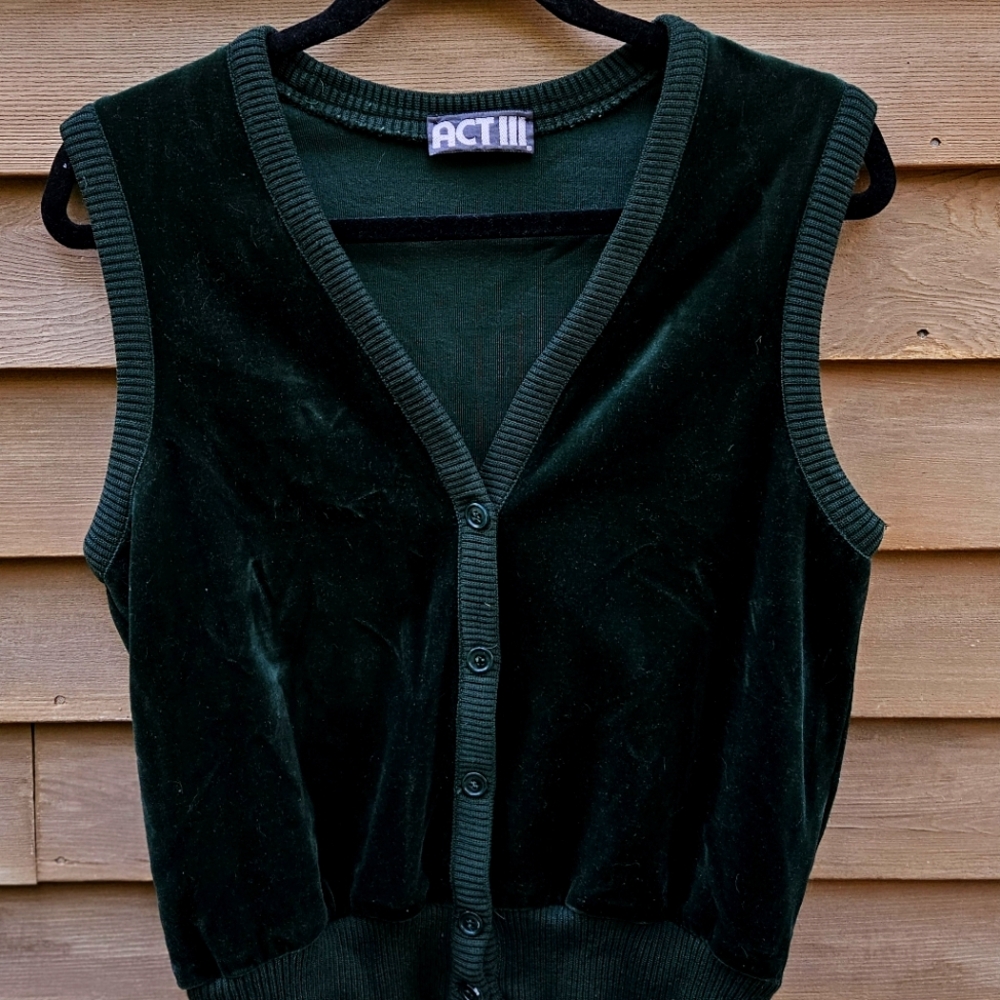 1970's Dark Green Velvet Act III Button-Up Vest, Made In USA